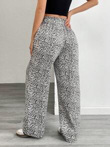 SHEIN Unity Women's Casual Leopard Print Patchwork Satin Bowknot Waist Straight Leg Pants, Suitable For Spring And Autumn Fall Cloth For Women - Black and White - View 2