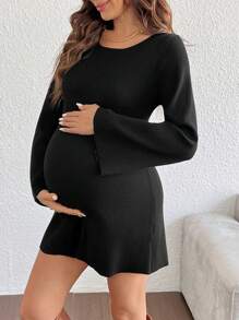 SHEIN Maternity Flare Sleeve Fitted A-Line Sweater Dress With Exposed Back - Black - View 1