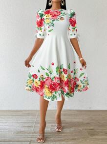 SHEIN Lady Abiti da cerimonia eleganti per matrimoni e occasioni invernali, abiti lavorati a maglia con collo rotondo, bianchi, adatti per l'ufficio e le vacanze, con maniche a tre quarti, per donne - Rosso - Visualizzare 5