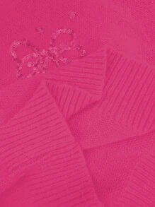 SHEIN LUNE Casual Fuchsia Sequin Bow Decor Stand Collar Sweater, Autumn/Winter Knit Pullover Fall - Hot Pink - View 5