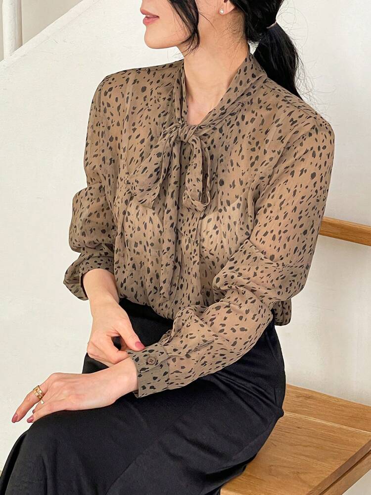 Leopard Print Sheer Flared Collar Loose Women Blouse Long Sleeve Top