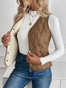 SHEIN LUNE Chaleco acolchado de algodón liso con botones frontales, sin mangas, de estilo casual y sencillo para mujeres