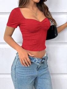 Chiquease Women's Plain Short Sleeve T-Shirt, Simple Fashion Casual For Daily Wear - Red - View 4