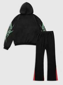 ROMWE MEN Conjunto de sudadera con capucha de estampado de labios holgada y pantalones acampanados de bloques de color contrastantes para hombre