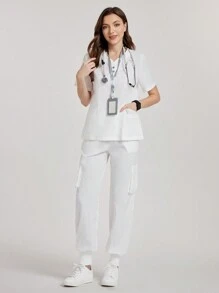 TaskEZ Effen kleur V-hals korte mouw top en broek verpleegkundig scrub uniform set