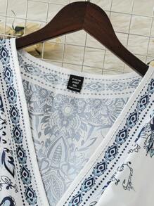 SHEIN LUNE Plus Size Women's Retro Palace Style Tie-Front Patterned Long Sleeve A-Line Dress, Elegant French Style