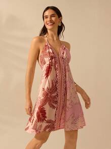 CAJUNI Váy ngắn hở lưng cổ chữ V không tay họa tiết cây cọ nhiệt đới nhiều màu sắc Boho dành cho nữ, váy đi biển mùa hè thường ngày - Nhiều màu - Xem 4