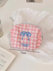 ROMWE Kawaii 1 件格子蝴蝶结装饰零钱包，拼色荷叶边学生旅行洗漱用品收纳袋，刺绣化妆包 - 粉色 - 查看 3
