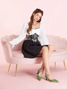 CUCCOO DOLLMOD Oriental Style Retro Floral Graphic Hollow Design Women's Pointed Toe Stiletto Heel Mid-Heel Pumps, Elegant Commuter Classic Vintage Personalized Green Satin Faux Leather, Suitable For Office, Dating, Formal Occasions, Banquet For Christmas And New Year Holiday Vibe Fall And Winter - Green - View 10