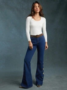 WESTFADE Summer Mid Rise Star Galaxy Embroidery Stretch Flare Jeans - Medium Wash - View 4