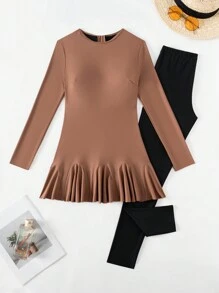 Swim Mulvari Summer Ladies Conservative Solid Color Round Neck Ruffle Trim Long Sleeve T-Shirt And Black Long Pants Swimwear Set - Brown - View 6