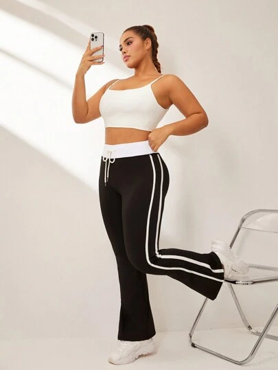 Easithlete Büyük Beden Kontrast Çizgili Baskılı Naylon Elastik Spor Taytı