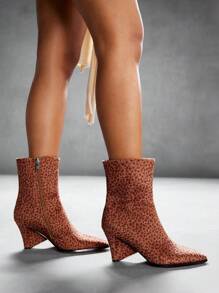 CUCCOO SZL Women's Pointed Toe Chunky Heel Sexy Stylish Versatile High Quality Design Leopard Print Party Snake Pattern Short Boots, Fashion Mid-Calf Boots - Multicolor - View 3