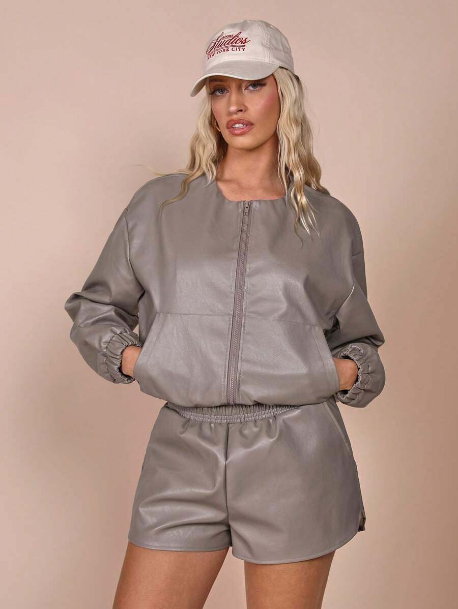 COSMINA Women's Casual PU Grey-Green Regular Shorts