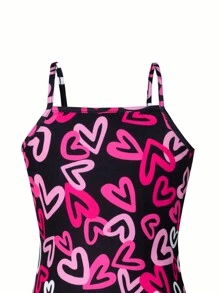 Tween Girls Pink With Black Full Heart & Letter Print Elastic Fitted Cami Dress Outfit, Lively And Cute Design For School, Outings, Party, All Seasons