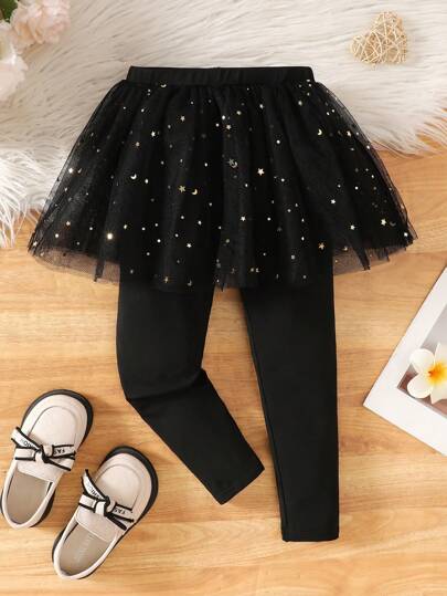 SHEIN Young Girl & Young Girl Elegant Mesh  Skort,Suitable For Christmas Party, Home & Outdoor Wear, Casual Simple Elegant,Wedding Season,Ladylike Gentleman ,Autumn And Winter,For Christmas,Party Wear,Daily Wear,Birthday Dress,Princess Dress,Mom And Daughter And Sisters Matching