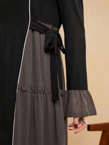 Al Najma Vestido árabe modesto para mujeres con empalme lateral y atar a la cintura, para primavera y verano