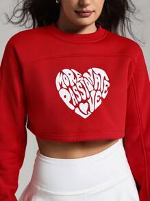 Menodora SHEIN Sport Women Heart Letter Print Round Neck Split Hem Long Sleeve Sports Sweatshirt For Valentine - Red and White - View 7