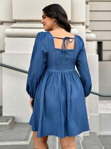 SHEIN LUNE Plus Size Front Twist Tie Lantern Sleeve Cinched Waist Slimming Long Dress, Blue Valentine's Day Long Sleeve Dress - Blue - View 5