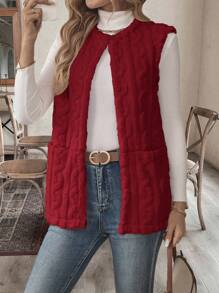 EMERY ROSE Casual Solid Color Double Pocket Sleeveless Fuzzy Jacket, Autumn/Winter - Red - View 1