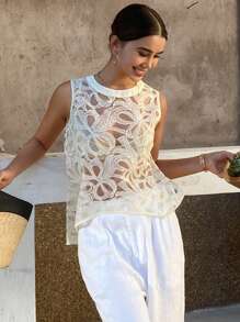 Livesso Áo ba lỗ ren organza jacquard ren xuyên thấu đi biển cho nữ mùa hè - Màu be - Xem 5