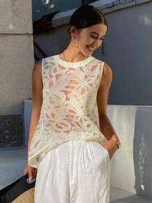 Livesso Áo ba lỗ ren organza jacquard ren xuyên thấu đi biển cho nữ mùa hè - Màu be - Xem 8