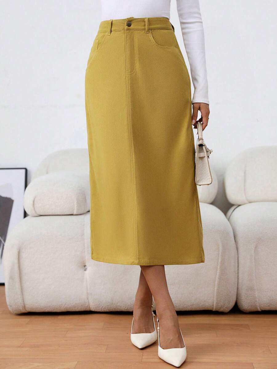 Rok Kantor Kasual Warna Polos Sederhana untuk Wanita, Pakaian Musim Gugur untuk Wanita - Kuning - View 1