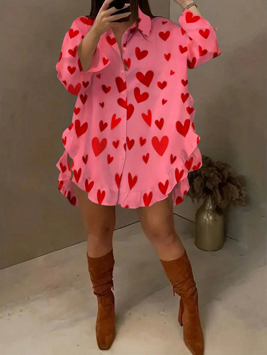 Maweii 大码女式浪漫心形印花荷叶边宽松休闲长袖衬衫情人节