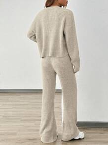 Chiquease Ribbed V-Neck Casual Knit Solid Color Commuter Fitted Skirt Suit