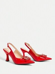 CUCCOO TILAWA Pointed Toe, Red, Glamorous Fashion Wedding Shoes With Crystal Buckle Spring Shoes Spring Break Easter Prom Heels - Red - View 5