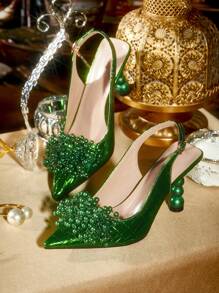 CUCCOO TILAWA Fashionable & Elegant Green Faux Pearl Flower Decor Square Heel High Heels Valentine's Day - Green - View 3