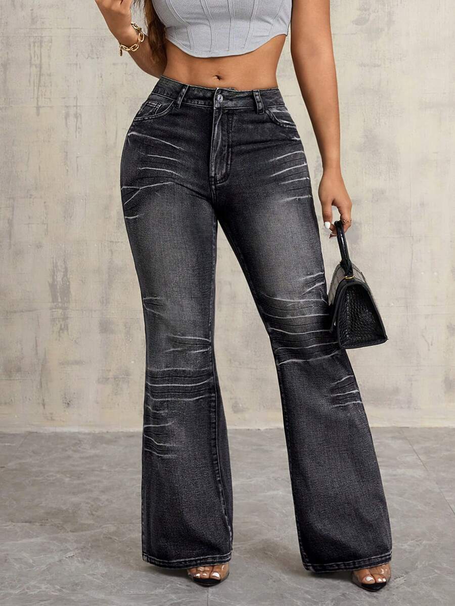 SHEIN SXY 优雅休闲特殊洗水设计女式喇叭牛仔裤 - 黑色 - 查看 1