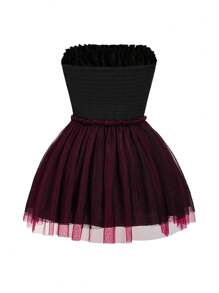 SHEIN Unity 大码女式疯狂情人节黑色和红色网眼拼布性感复古蝴蝶结设计紧身胸衣腰飘逸短裙，优雅迷人，适合春夏季 - 彩色 - 查看 2