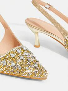 CUCCOO TILAWA Women's Gold Crystal Rhinestone Pointed Toe Hollow High Heel Wedding Sandals