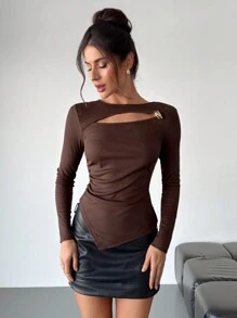 Firerie 女士优雅浪漫时尚通勤性感优雅风格连衣裙，适合派对、圣诞派对、度假、返校、浪漫约会和婚礼/生日，紧身不对称下摆棕色 T 恤 - 摩卡棕 - 查看 2