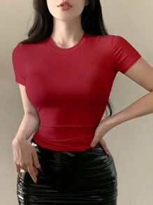 DAZY Ankara Red Solid Color Round Neck Tight Short Sleeve Women's T-Shirt Summer - Red - View 2