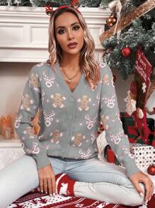 Chiquease Christmas Elk & Snowflake Pattern Button Front Cardigan For New Year Clothes - Grey - View 7
