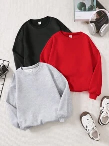 SHEIN Leap Crew 3-Piece Tween Girls Solid Color Knit Pullover Sweatshirts, Casual & Versatile, Fall/Winter - Red - View 1
