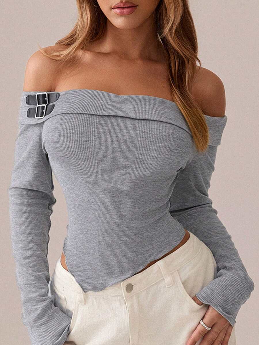 SHEIN SXY Women's Autumn And Winter Daily Simple And Versatile Solid Color Asymmetrical Hem Slim Long-Sleeved Top; Gray Knitted One-Shoulder Women's Tight T-Shirt; Metal PU Button Decoration; Suitable For Daily Dating And Travel Wear