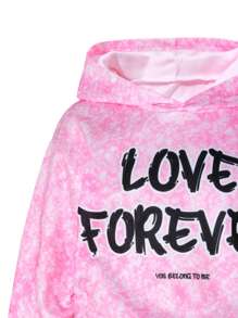 Conjunto de 2 piezas de sudadera con capucha y pantalón de pierna ancha para niñas preadolescentes, en color rosa claro con efecto lavado y estampado gráfico de letra, cintura elástica, de moda y diseño, adecuado para la escuela y el uso en otoño/invierno