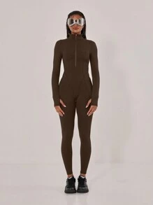 Musera Sport Overlock Stitched High Neck Jumpsuit,Padel, Tennis, Pickleball Gym Fitness - Brown - View 4