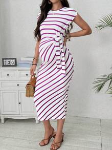 SHEIN Đầm bodycon thanh lịch cổ tròn tay cánh dơi sọc cho bà bầu, eo thắt nút - Màu Hồng Tươi - Xem 5