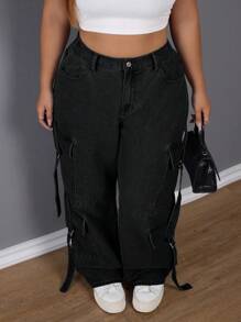 SHEIN SXY Pantalones vaqueros de talle medio y corte holgado con múltiples bolsillos para talla grande - Negro - Ver 1