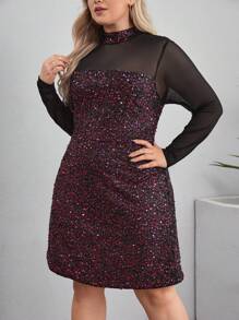 SHEIN Clasi Plus Size Women Sequins Patchwork Stand Collar Mesh Long Sleeve Elegant Dress - Hot Pink - View 3
