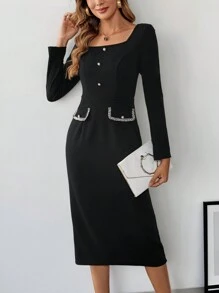 EMERY ROSE Vestido de mujer corte evasé de manga corta con decoración de botones y cuello cuadrado para trabajo - Negro - Ver 1