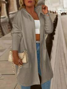 Calvaya Plus Size Open Front Long Sleeve Plain Pocket Hoodie Jacket, Casual Everyday Wear