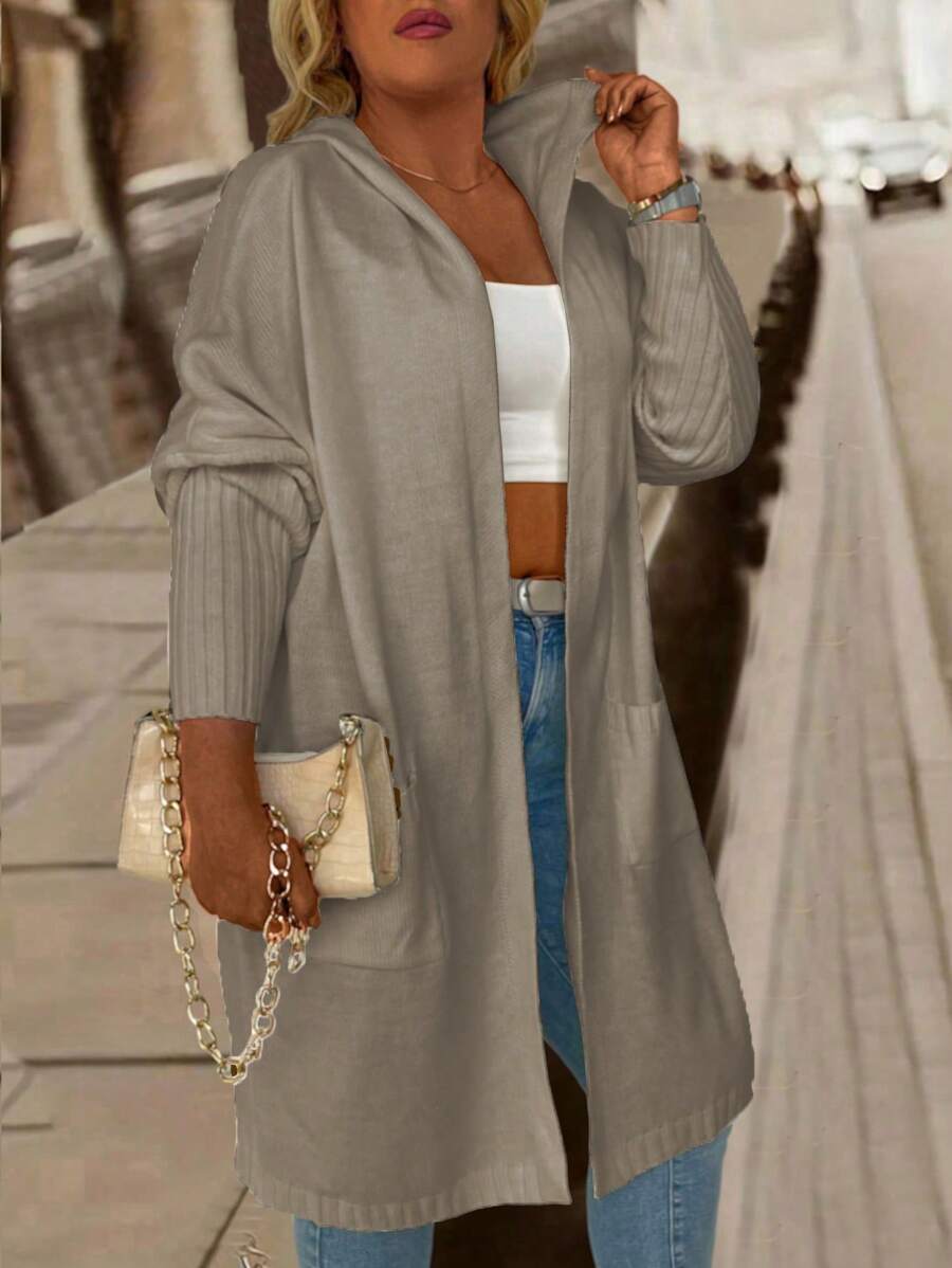 Calvaya Plus Size Open Front Long Sleeve Plain Pocket Hoodie Jacket, Casual Everyday Wear