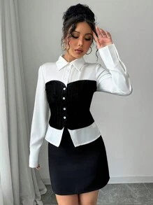 Elenzga Women Casual Elegant Office Wear 2 In 1 Satin Faux Pearl Velvet Silver Line Splicing Waist Fitted Long Sleeve Blouse