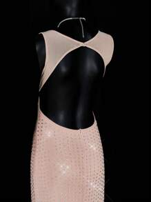 SHEIN ICON Abito lungo da donna nello stile Y2K, sexy e minimalista, in rete con strass, elegante e decorato con paillettes, abito scintillante e luccicante adatto a feste, festa, uscite serali, Capodanno, adatto per appuntamenti casual, uscite serali e abbigliamento per Capodanno. - Cachi - Visualizzare 9