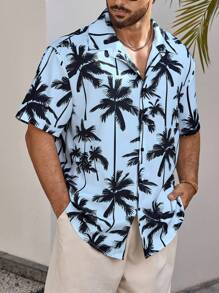 Manfinity RSRT Men's Casual Palm Tree Print Short Sleeve Single Breasted Shirt